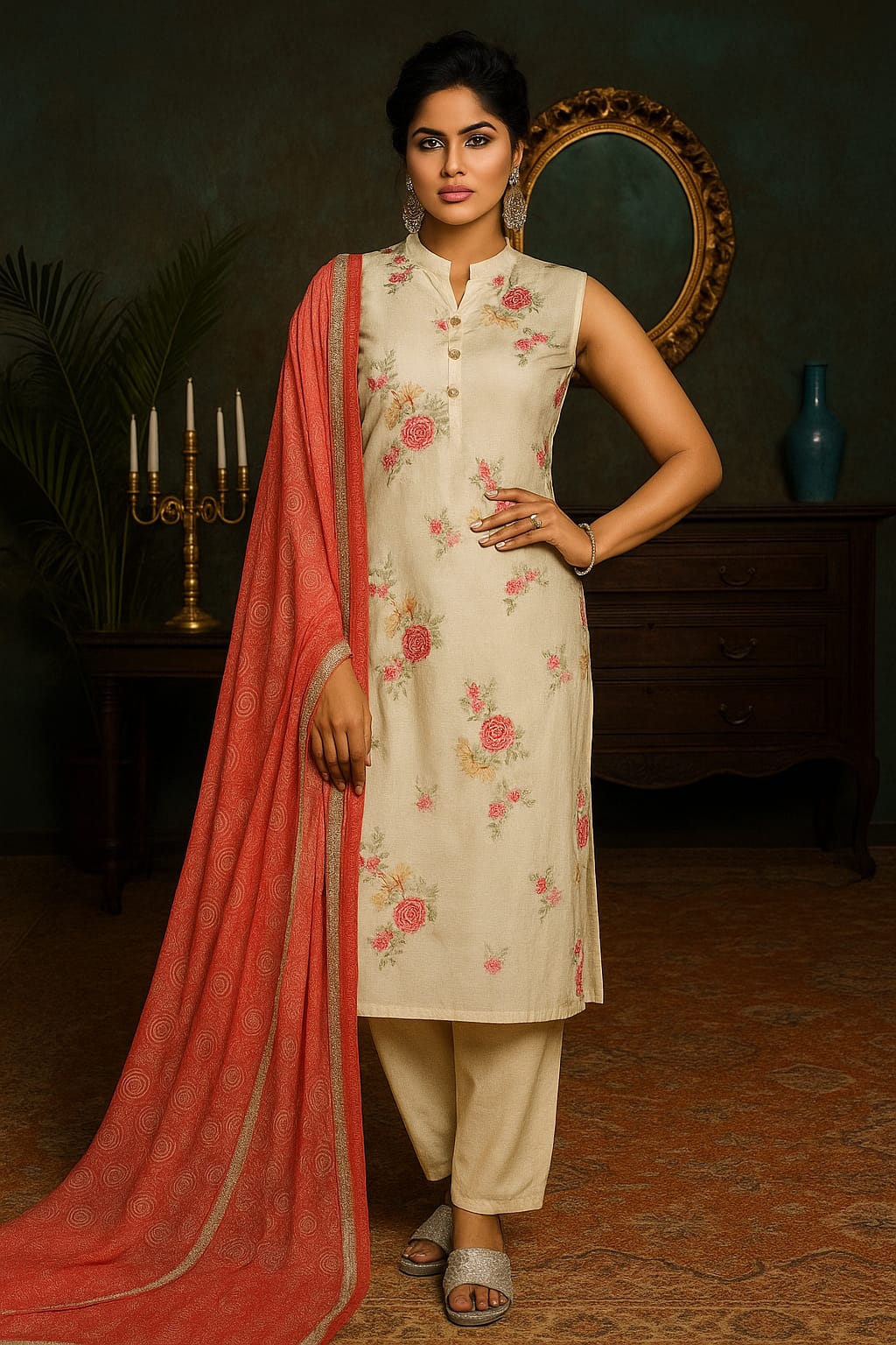 D.Gokuldas NX - Cream Kurti Set With Pink Flowers